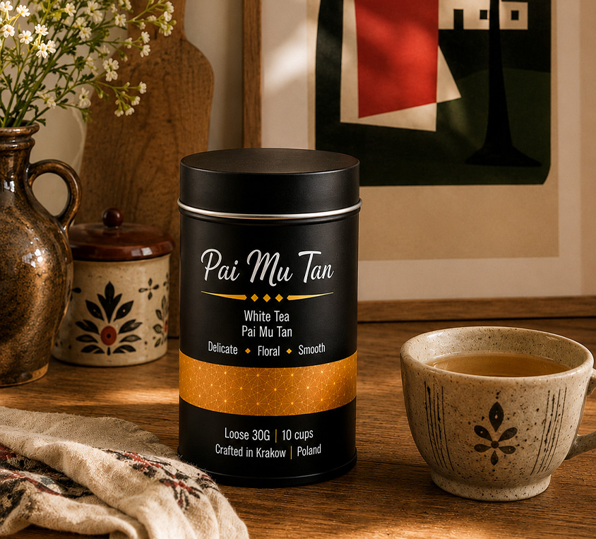 Pai Mu Tan Leo Tea biała lisciasta herbata w metalowej puszce